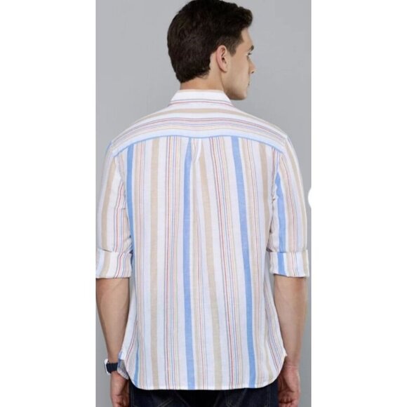 Mens Linen Blend Slim Fit Striped Tan Blue Button Down Shirt Size Medium - Picture 3 of 7